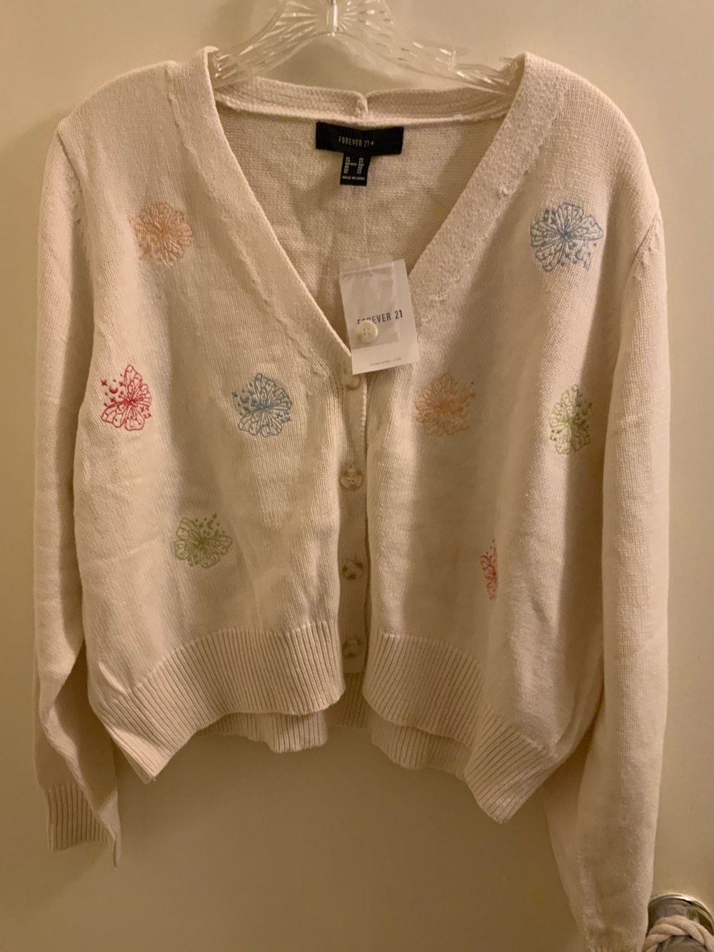 Forever 21 Cream Cardigan with Multicolor Floral Embroidery